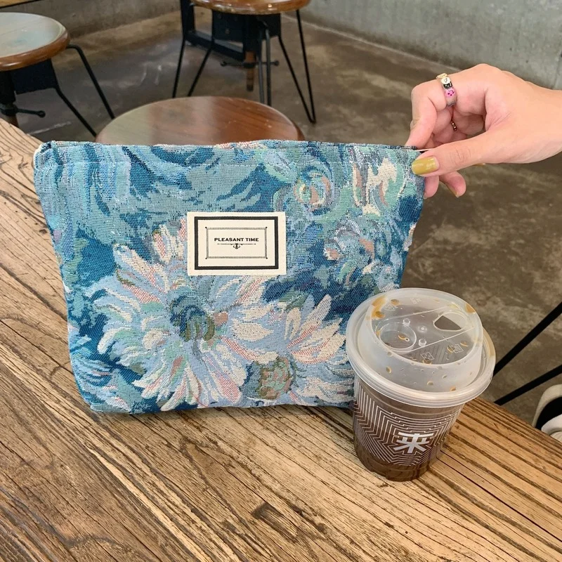 Fashion Flower Print Large Canvas Cosmetic Bag Beauty Storage Toiletry Bag Women Wash Bag Girl Makeup Bag Cosmetic Case