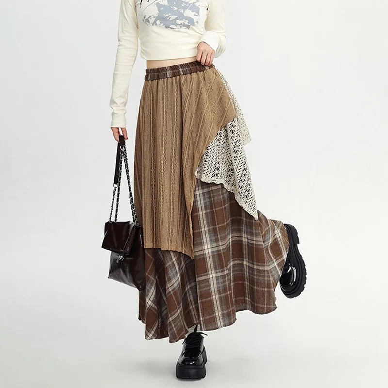 Autumn Winter Woolen Plaid Skirts Women Elastic High Waist Patchwork Irregular Waste Soil Wind Fashion Loose A-line Big Skirt