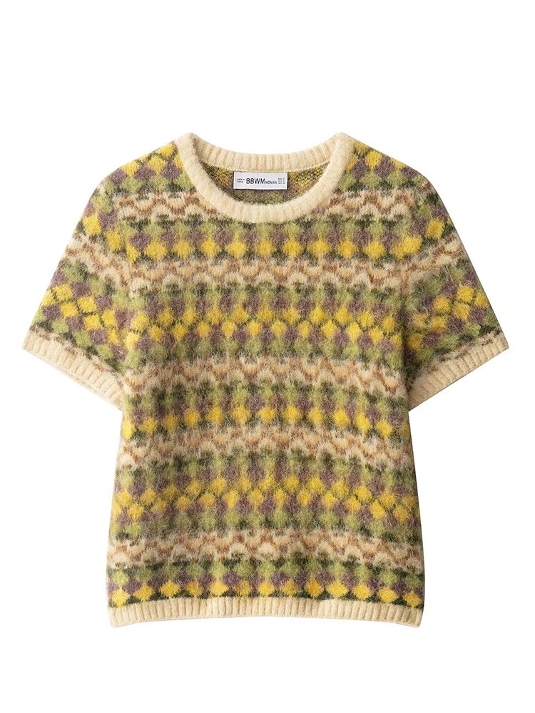 

Women Sweater Pullover 2025 Autumn Winter Fashion O-Neck Short Sleeves Printing Women Sweater Pullover Elegant Hight Street Top