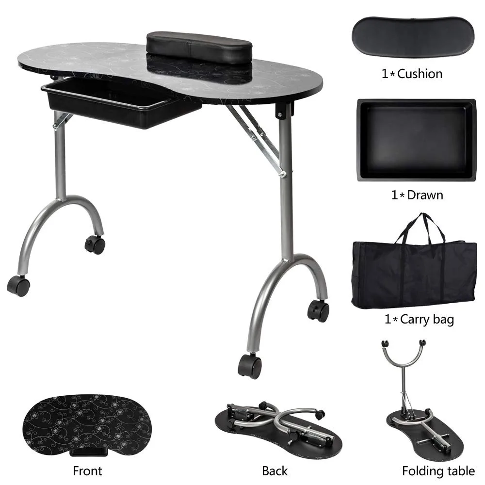 MESA DE MANICURA para uñas, estación de trabajo de escritorio, TP005, portátil, extraíble y plegable, fácil de montar y peso ligero (negro)