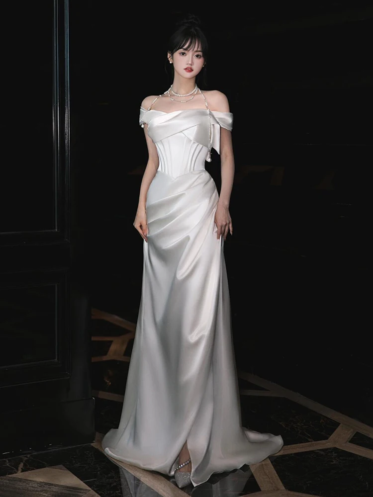 Ele boda de un solo hombro Dr coreano Sle Fi-tail vestido de noche invitado nupcial Dr falda larga sin mangas fibra de poliéster