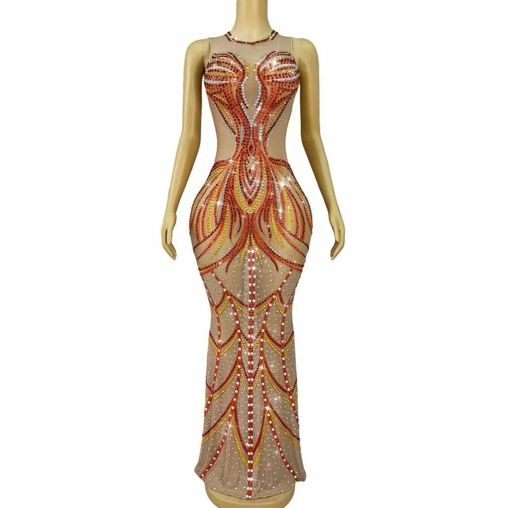 Luxury Handmade Rhinestones Mesh Dress Evening Birthday Cocktail Party Graduation Gown Red carpet Show Photoshoot Outfit