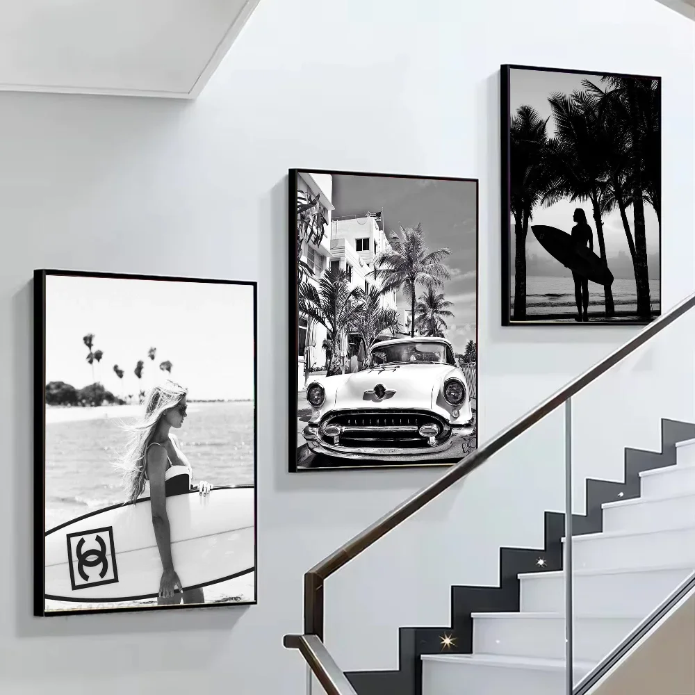 1pc Black And White Palm Tree Beach Landscape P-Photography Poster Self-adhesive Art Waterproof Paper Sticker Wall Decor