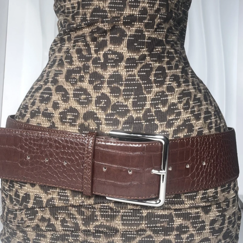 

Vintage Faux Crocodile Leather Wide Belt Women's Simple Fashion Hundred Waistband Spice Girl Brown Long Dress Embellished Belt