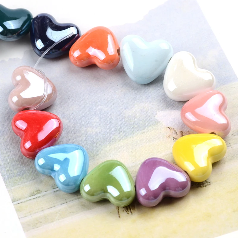 15mm Multicolor Heart Shape Ceramic Beads Porcelain Square Cross Hole Beads for Jewelry Making Bracelet Necklace Charms 2mm Hole