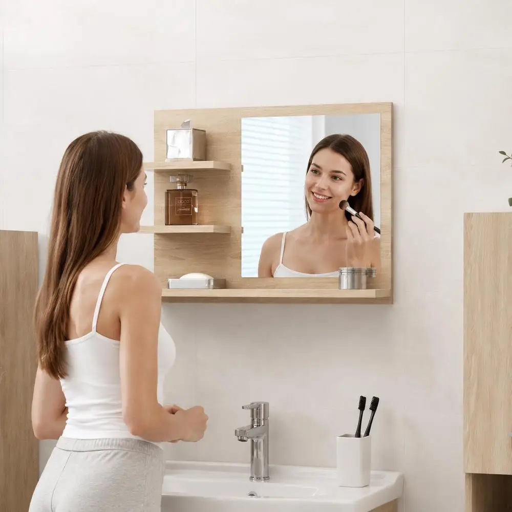 Miroir de salle de bain mural 60 x 10,5 x 45 cm, structure en contreplaqué et acrylique avec 3 étagères de rangement, décor minimaliste nordique