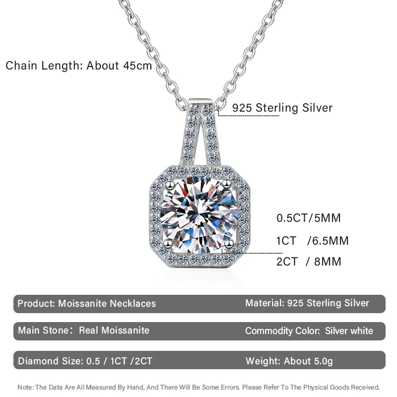 Princesa Praça Moissanite Pingentes Colares para Mulheres, 925 Prata Esterlina, Diamante de Laboratório, Jóias de Casamento Presente, Jóias Finas, 1-3ct