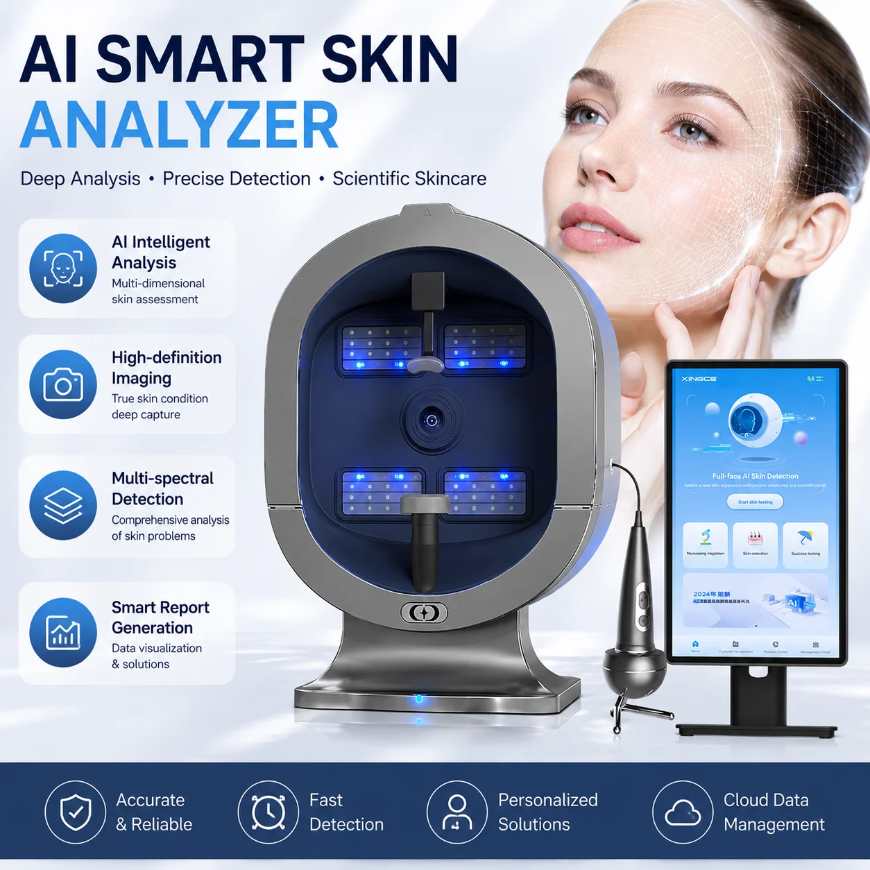Upgraded X5 3D Ai Skin Image Analyzer High Definition Pixels Whole Facial Scanning Multi Spectrum Moisture Scalp Detection