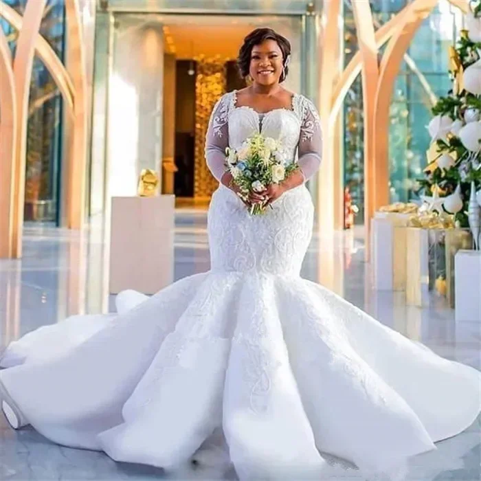 Aangepaste plus size zeemeermin kant trouwjurk sexy kant bruidsjurk Afrikaanse trouwjurken