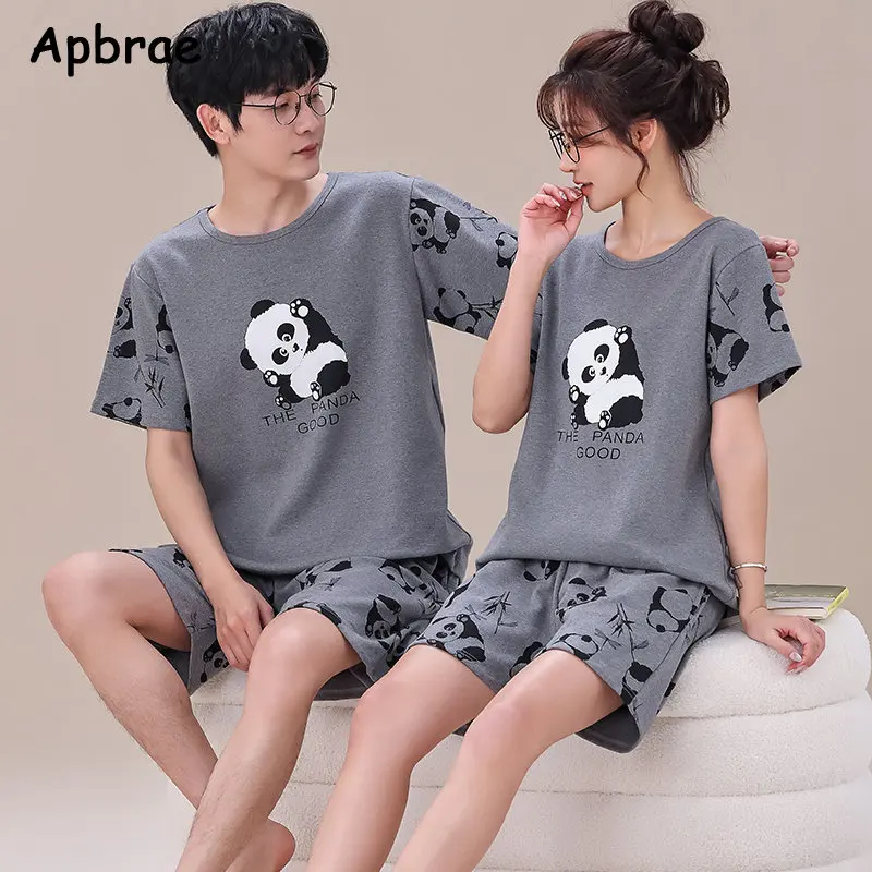 Young Couple\'s Pajamas Summer Short Sleeve Shorts Knitted Cotton Breathable Men and Women Loungewear Cartoon Bear Print Pijamas