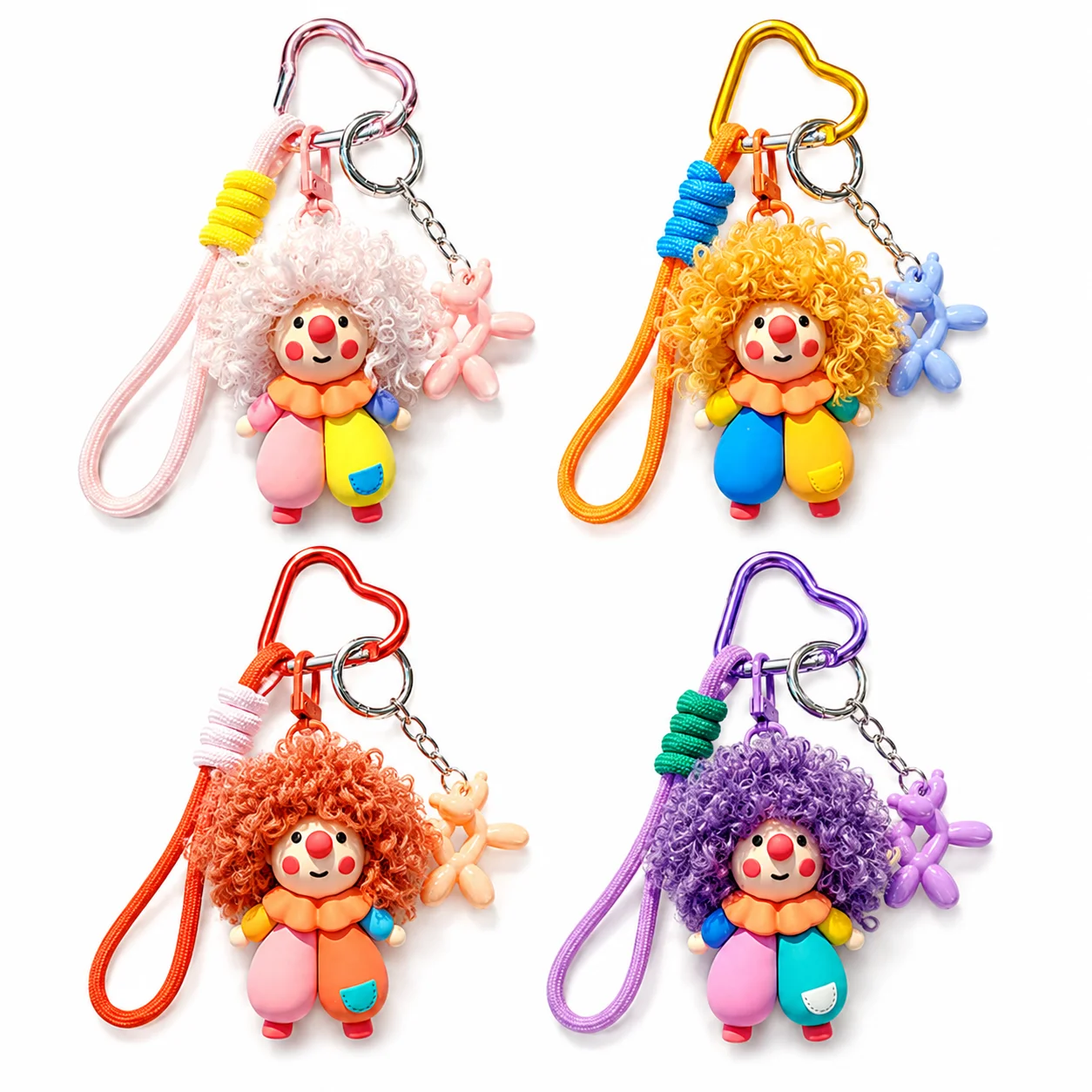 Cute Curly Hair Clown Doll Keychain with Balloon Dog Charm, Heart Carabiner Wrist Strap, Bag Car Key Ring Pendant