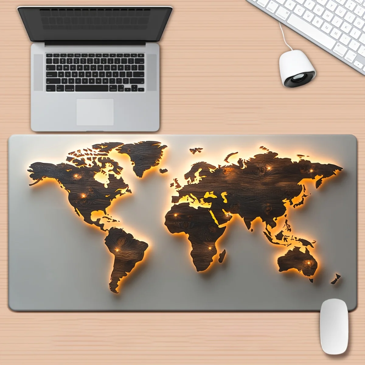 Tapis de souris XXL Carte du Monde Lumineuse, Continent Lumineux, Base Antidérapante en Caoutchouc, Surface Lisse pour Gaming, Bureau, Ordinateur Portable, Ordinateur de Bureau, Amateurs de Géographie