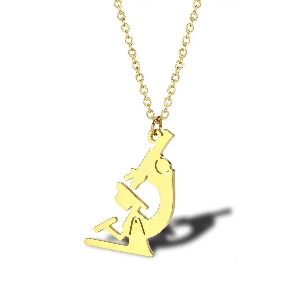 Stainless Steel Minimalist Microscope Scientific Instrument Gold Pendant Necklace Fashion Jewelry Gift For Him