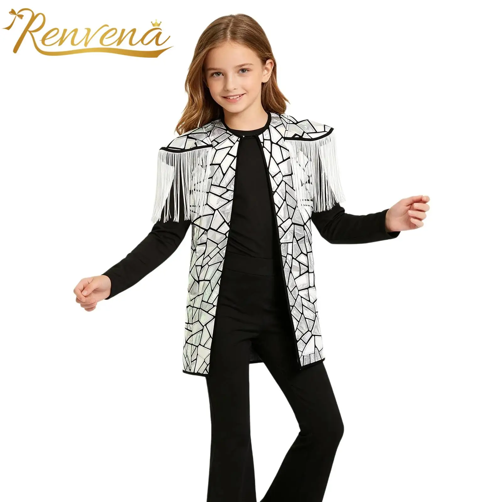 Boys Girls Model Fashion Jazz Dance Coats Tassel Open Front Shiny Coat Stage Performance Fashion Show Kids Hip-hop Outfits