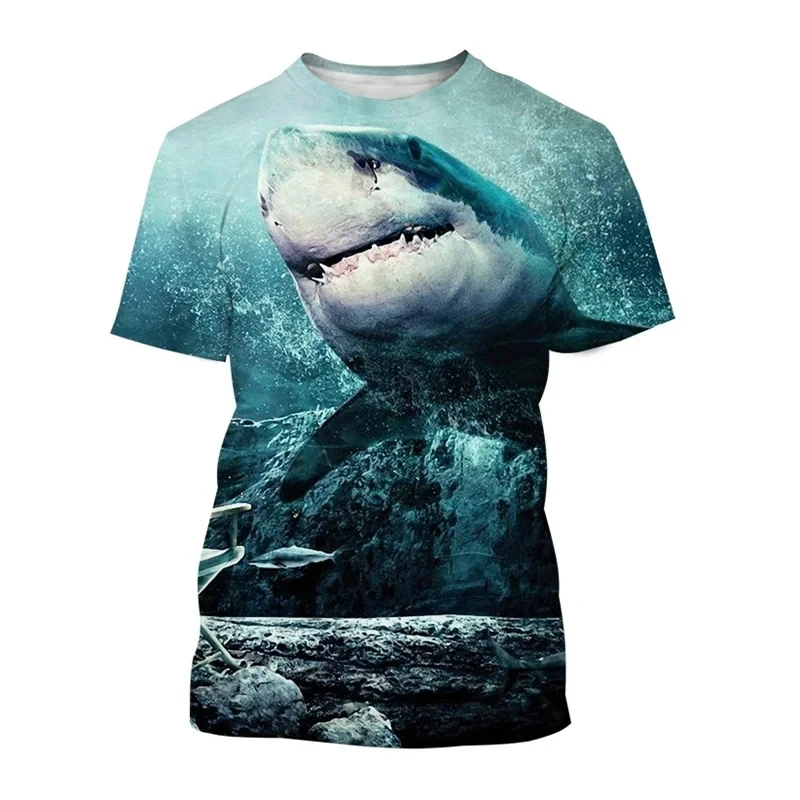 Men's casual fierce shark print summer T-shirt short-sleeved round neck Harajuku niche loose T-shirt top trendy and comfortable