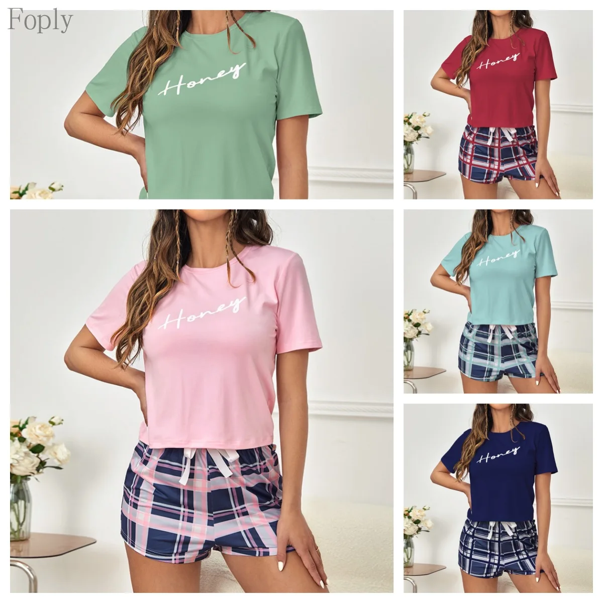 

Women's Casual Letter Printed Plaid Pajamas Set Spring Summer 2Piece Print Pyjama Sleepwear Shortsleeve Top Shorts Pijama Pjs