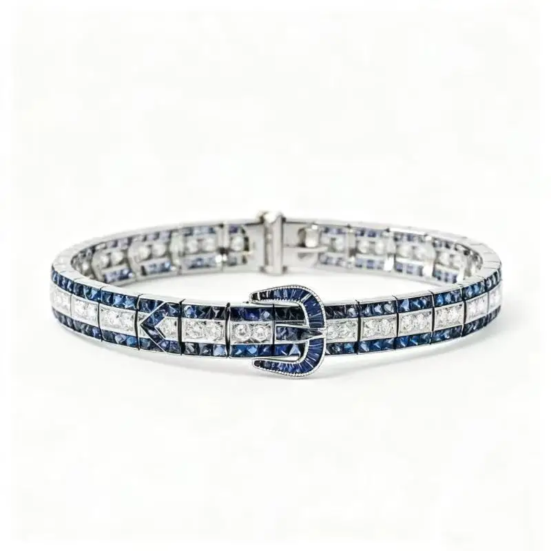 Bellux 925 Silver White Gold Plated Synthetic Zircon Belt Bracelet GRC Lab Grown Spinel Blue Art Deco Western Vintage Bracelet