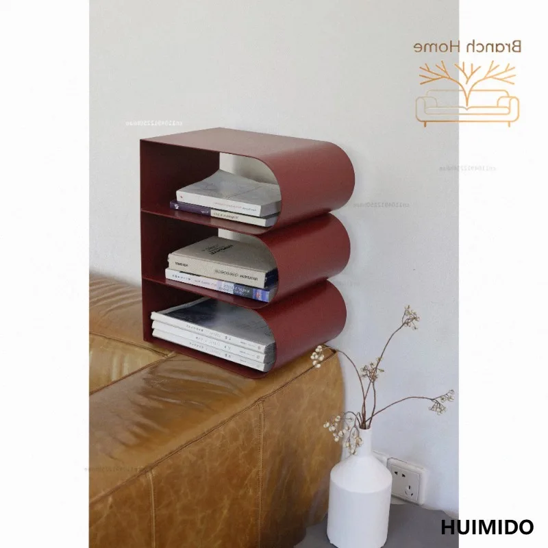 Newspaper shelf, book shelf, Nordic display stand, Burgundy red simple magazine shelf, floor-to-ceiling storage edge