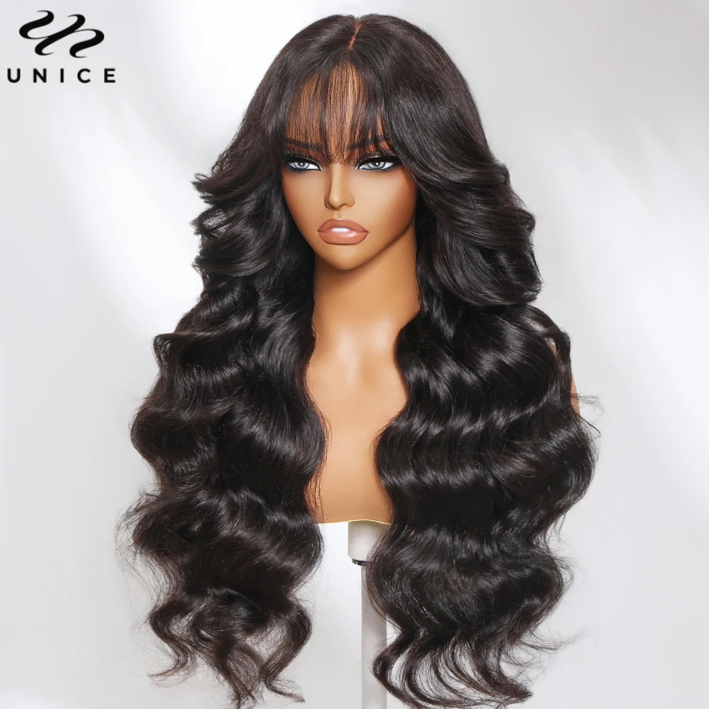 Unice Hair Loose Wave 13x4 Human Hair Lace Frontal Wig With Bangs Pre Cut Pre Bleached Pre Plucked Lace Front Human Hair Wig