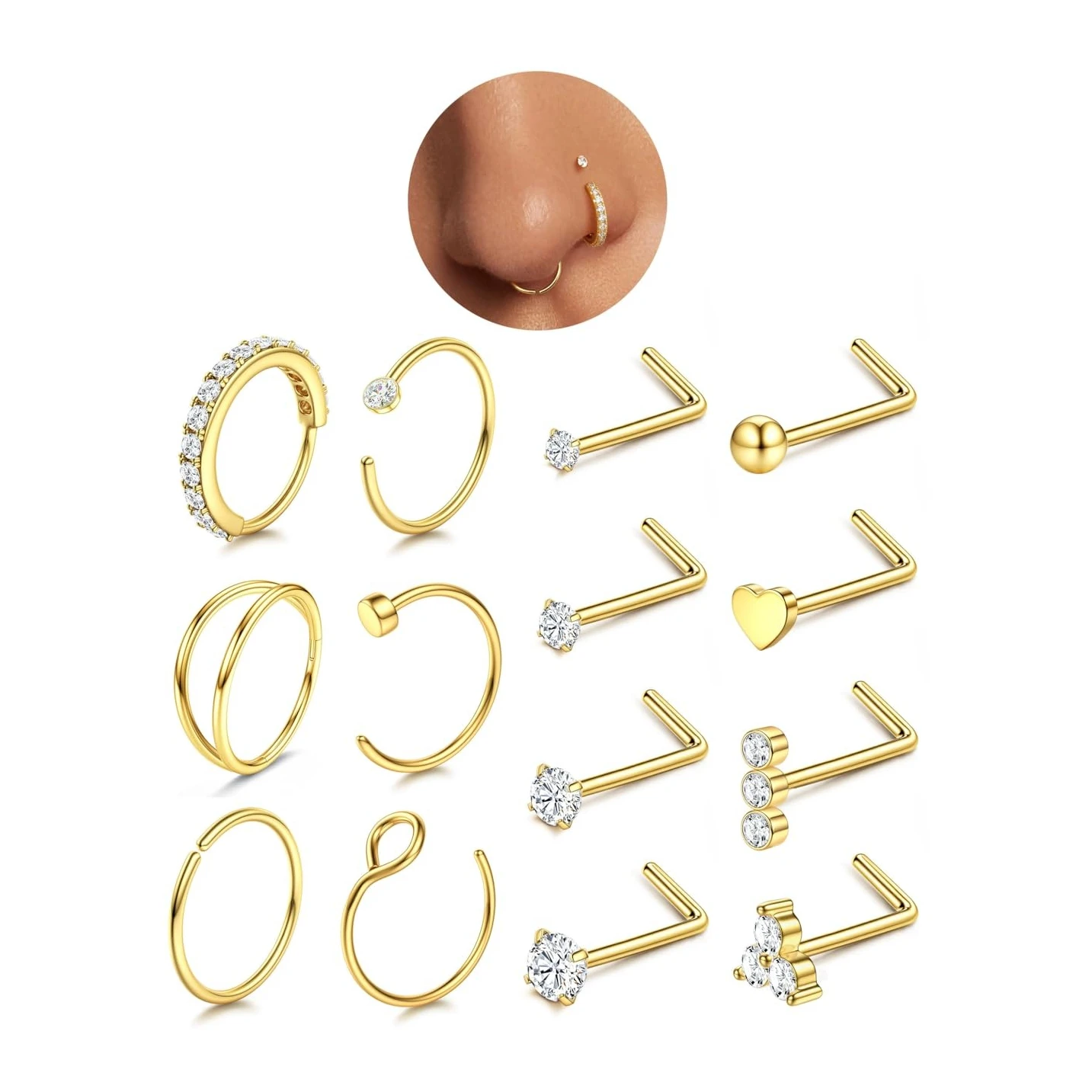 Bobisty 1 Stück 20G Nasenring Dünner Hypoallergener Chirurgenstahl L-Form Nasenstecker für Frauen Kubisches Zirkonia Nasenpiercing Schmuck
