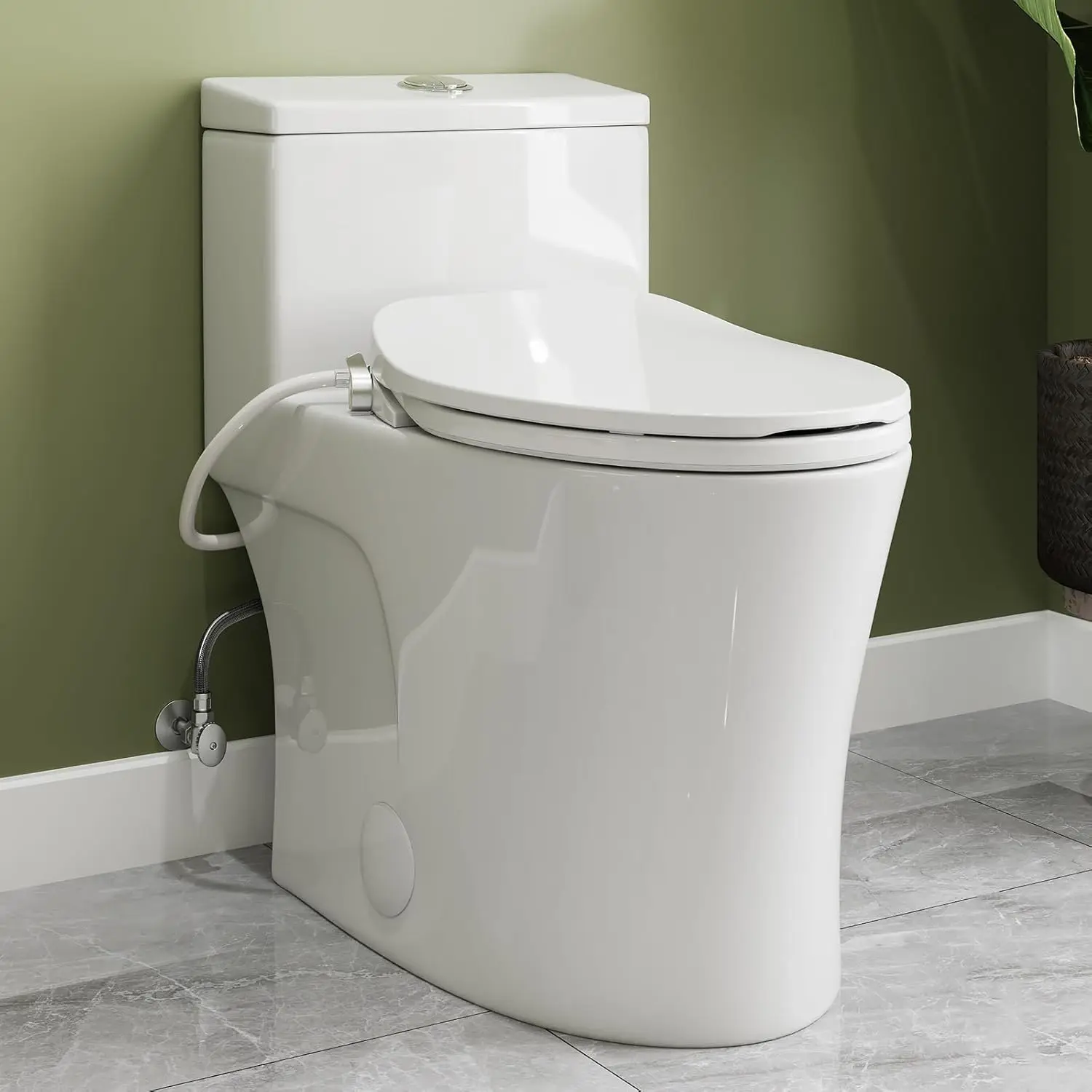 One-piece toilet with non-electric bidet toilet seat, adjustable nozzle seat, powerful dual flush and soft closing seat