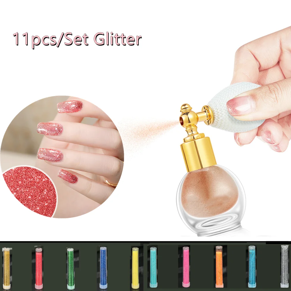 Nail Glitter Set with Spray Glass Bottle Body Makeup Cosmetics Glitter Fine Powder Dust UV Gel Polish Nail Tips DIY Decor Tools