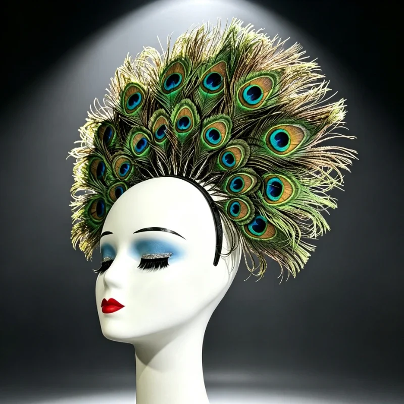 Peacock Eye Feather Fan Headband Vintage Natural Feather Headdress For Stage Performance Themed Party Photoshoot