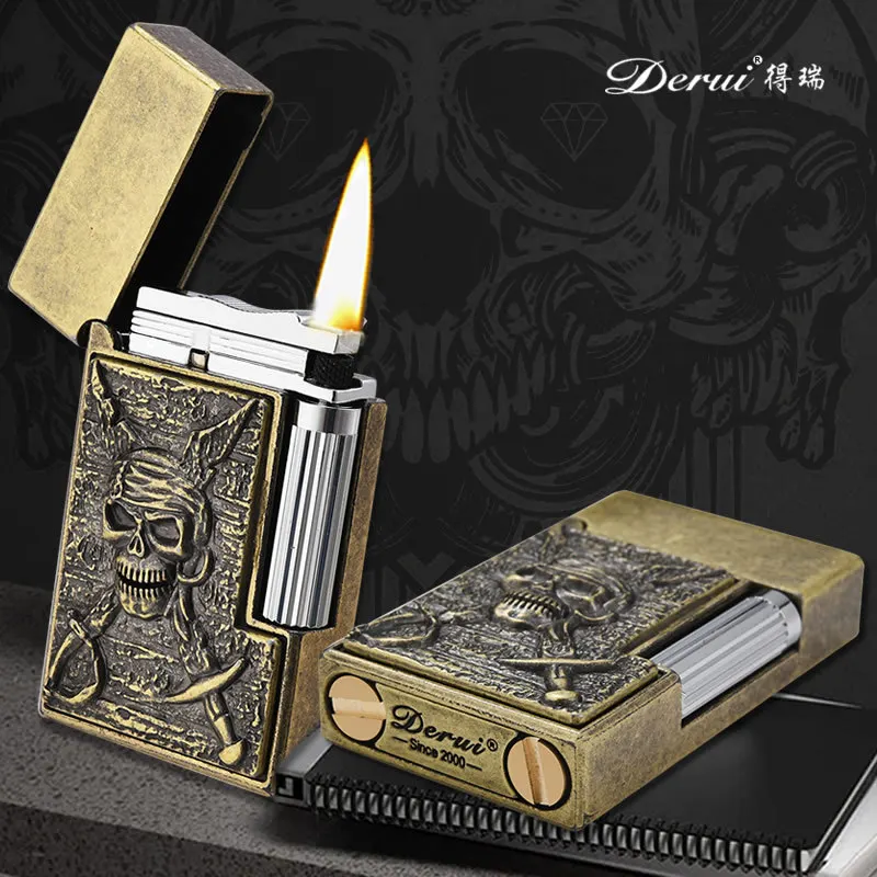 

Derui Personalized Carving Skull Retro Bright Sound Kerosene Lighter Grinding Wheel Free Fire Side Slip Novel Gift Lighters Men