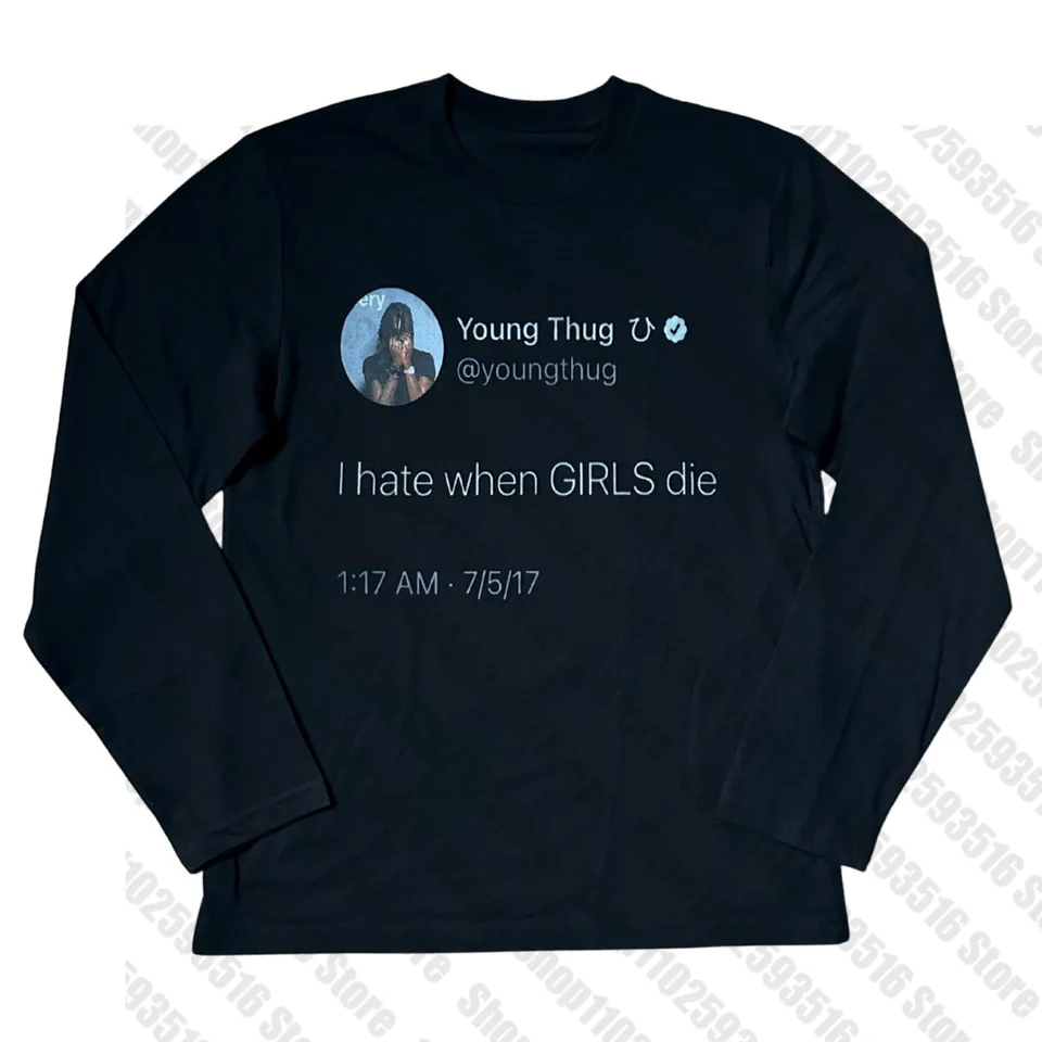 Street Hip Hop Black Long Sleeve T Shirt Rapper Tweet Screenshot Print Loose Casual Round Neck Top