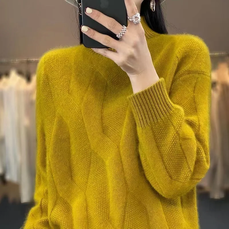 2024 Autumn and Winter New Thick Cashmere Sweater Women Half  Turtleneck Pullover Sweater Warm Loose Knitted Sweater Tops