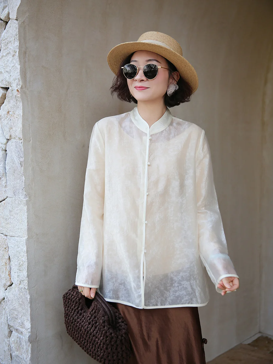 

Flooding Lotus Vintage Elegant Simple Breathable Comfortable Silk Stand Collar Vest French Style Loose Fit Long Sleeve Shirt