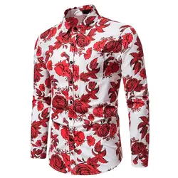 Men's long-sleeved shirt casual fashion 3d rose print shirt shirt men's lapel shirt long-sleeved New Year gift
