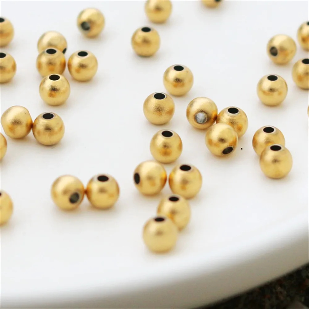 50pcs Vacuum Coated Sandblasted Matte Gold Round Beads, Handmade DIY Jewelry, Loose Bead Accessories, 3-4, 5-6mm, 14K