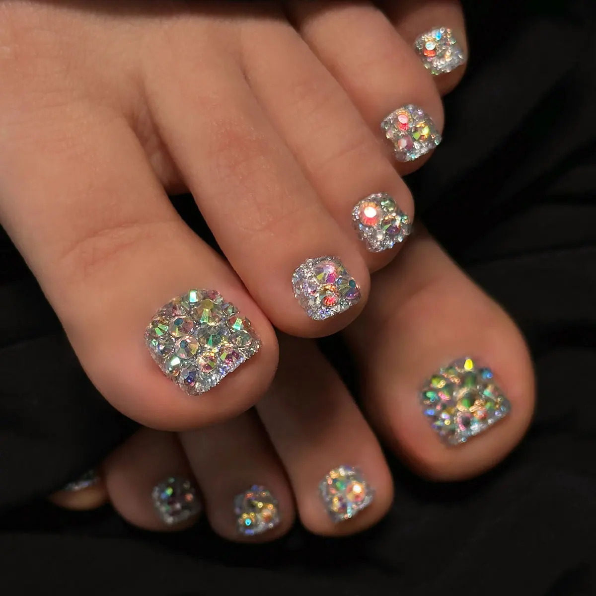 24pcs press on short square toenails,silver glitter nails, AB color fantasy Full Diamond Decoration, Summer Short Toe Nails