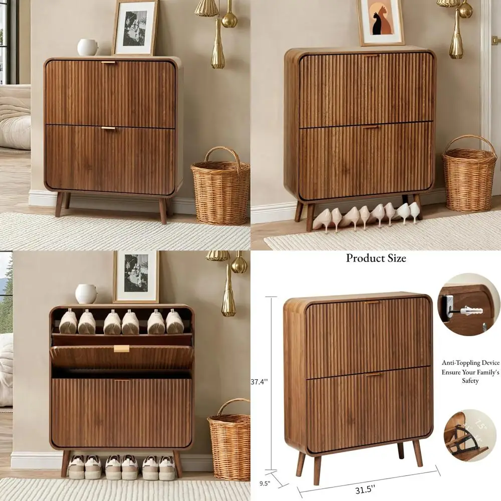 

Narrow Standing Shoe Cabinet with Fluted Design and Dual Flip Drawers for Entryway Storage