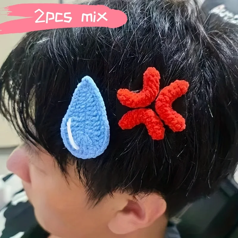 Ensemble de 2 pinces à cheveux créatives et originales |   Jolies gouttes d'eau en peluche + pince à cheveux amusante avec expression rouge en colère et personnalisable