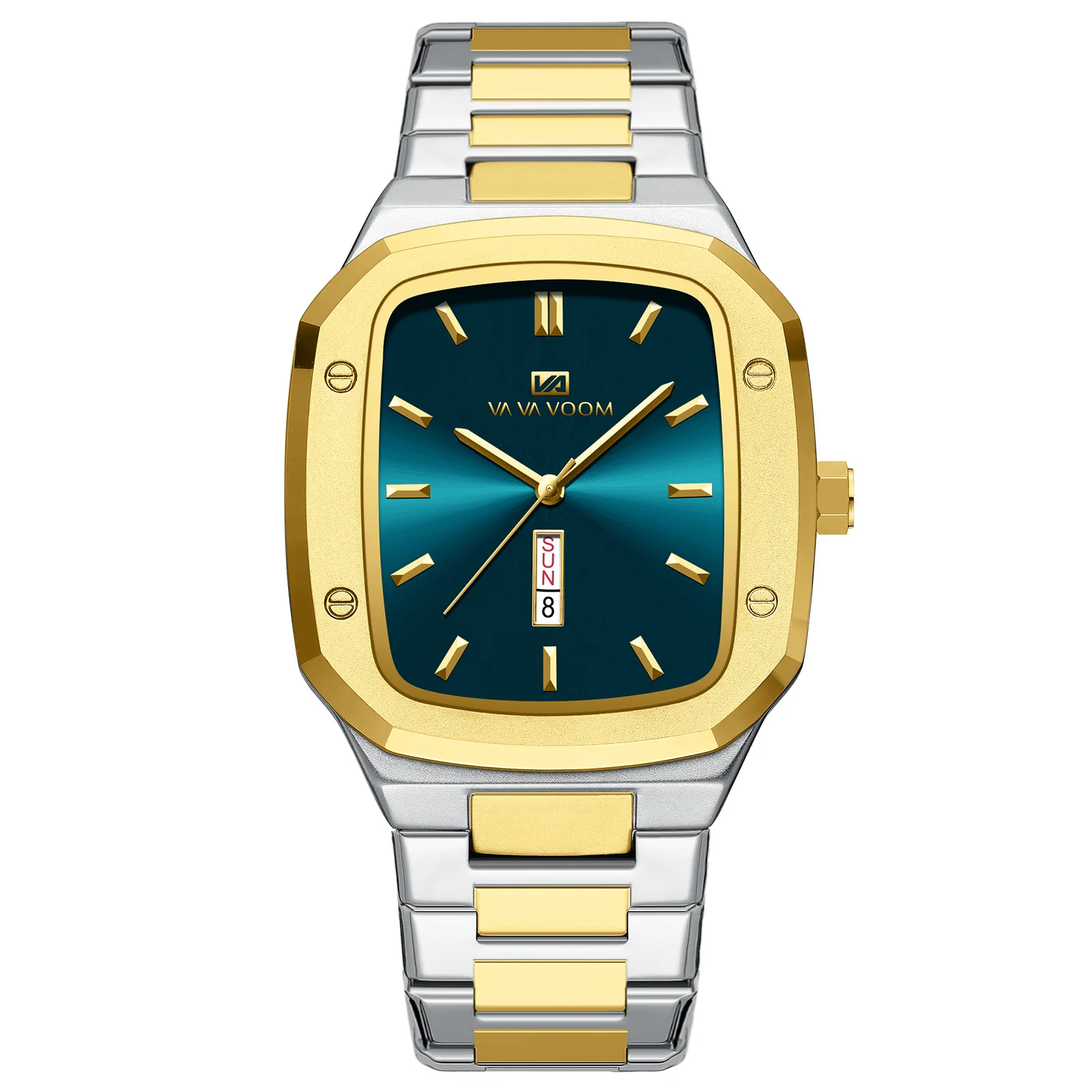 Watch for Men Gradient Teal Blue Dial with Day-Date Display Luxury Casual Business Square Stainless Steel Wristwatch