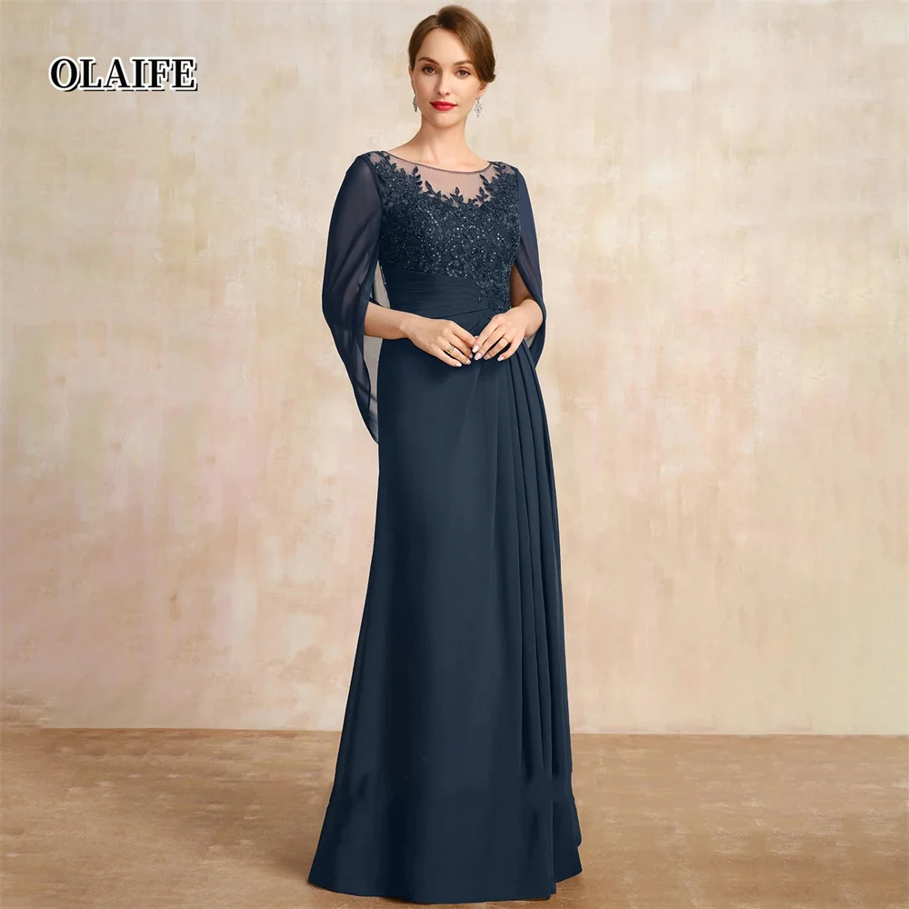 Graceful A-line Mother Dresses For Weddings Scoop Lace Evening Dresses Chiffon Illusion Wedding Party Dress فستان حفلات الزفاف