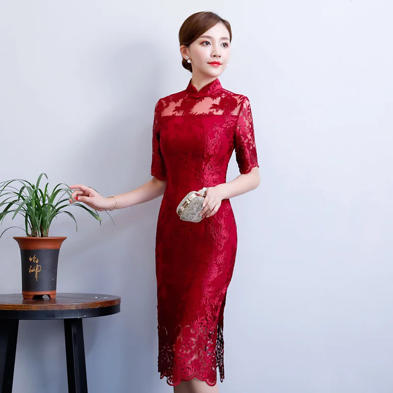 Autunm New Lady Lace Qipao Women Embroidery Sexy Short Sleeve Mandarin Collar Party Dress Female Chinese Traditional Cheongsam