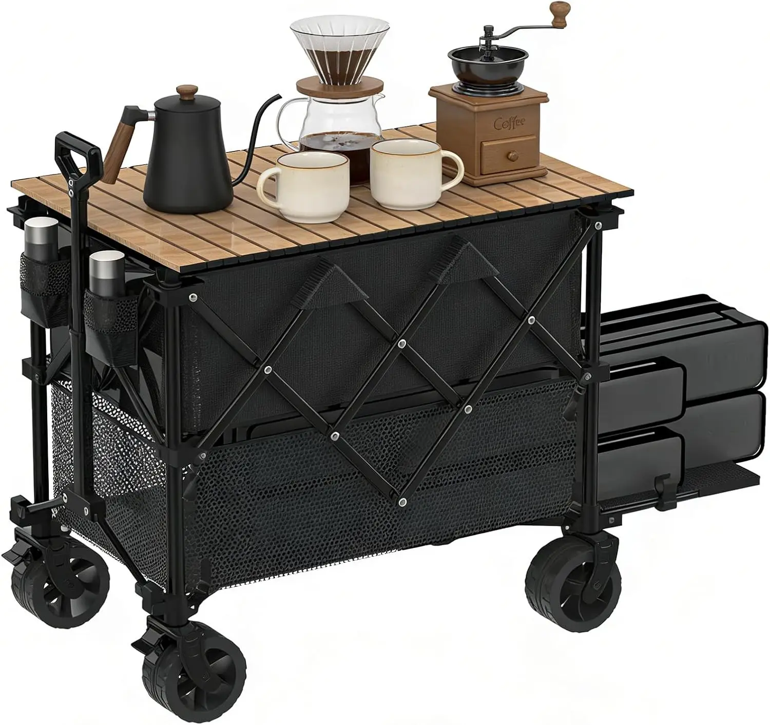 Heavy Duty Steel Double Decker Wagon with Table, 600lb Capacity, Foldable with Tailgate, Brakes, for Camping, Fishing, Beach