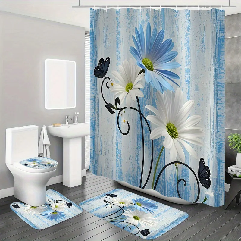 

4шт украшение для ванной комнаты с узором бабочки Дейзи, полиэфирная ткань, занавеска для душа, коврик для унитаза, нескользящий коврик, U-образный коврик