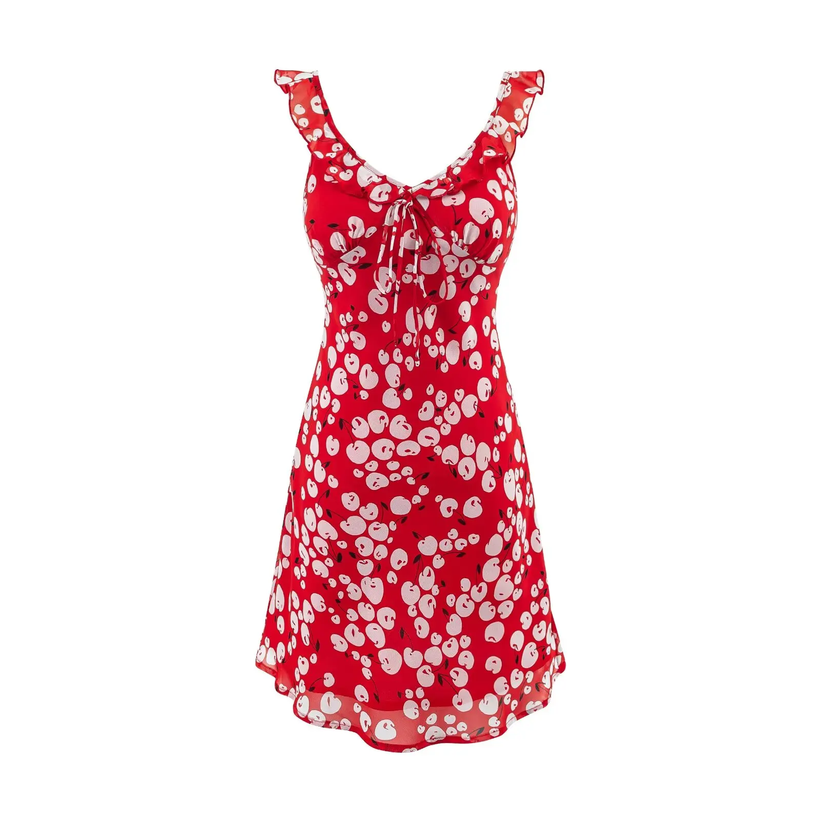 Verão babados com decote em v vestido de chiffon vermelho feminino sem mangas sem costas magro impressão midi vestidos bodycon