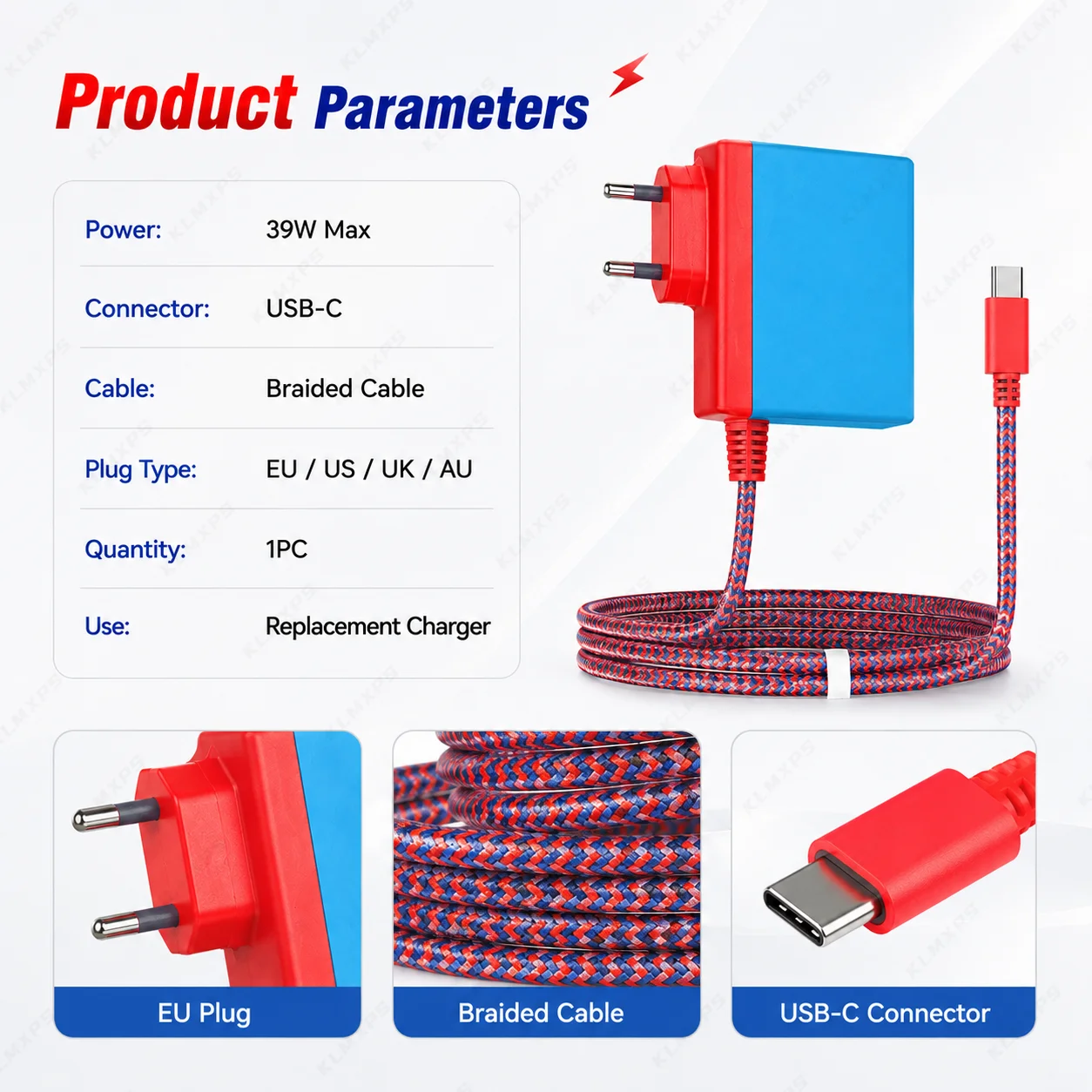 39W Max USB C Charger for Nintendo Switch Switch Lite Console Replacement AC Power Adapter with Braided Type C Cable