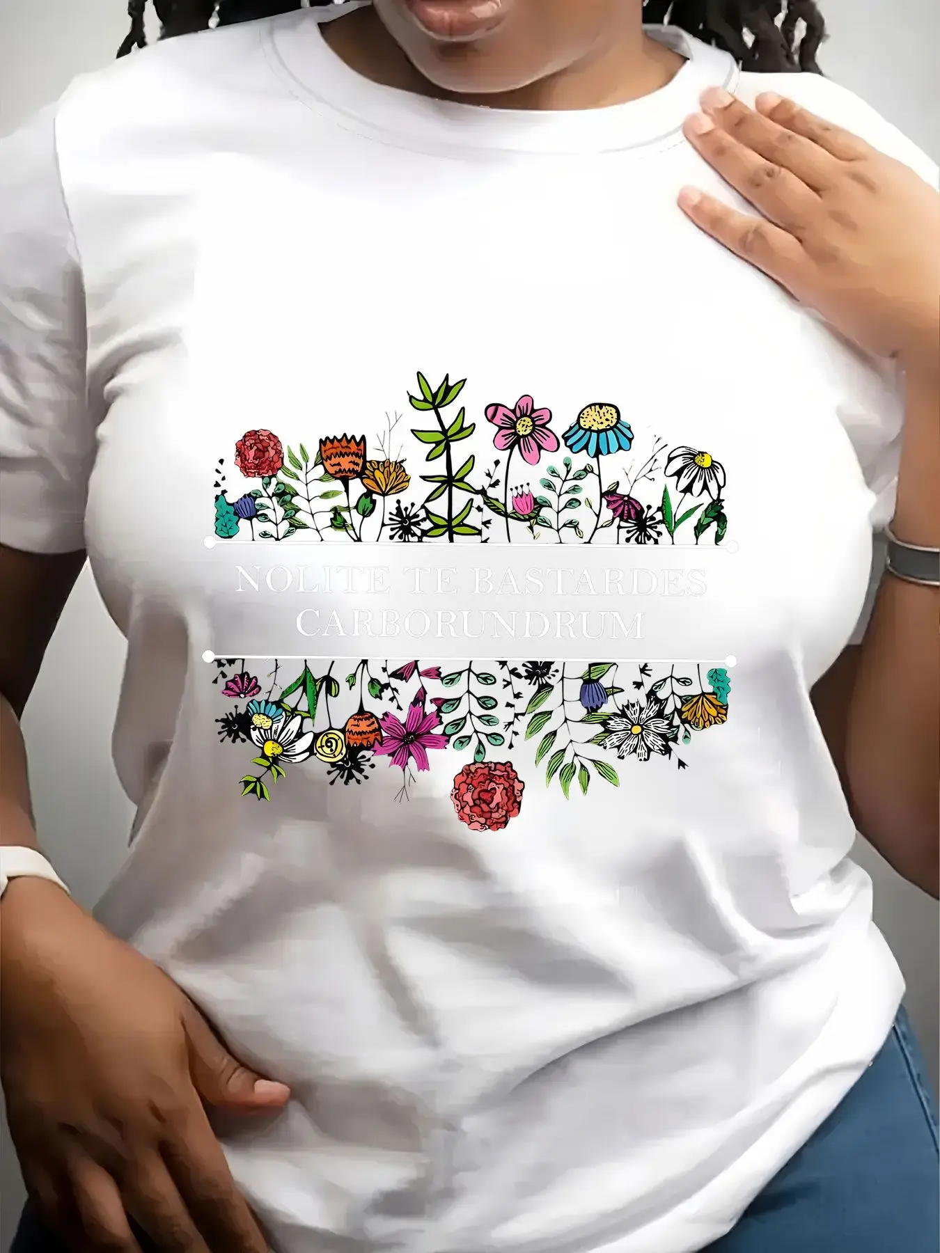 Women's Trendy Crew Neck T-Shirt Floral Band with Latin Phrase Suitable for Casual Sportswear