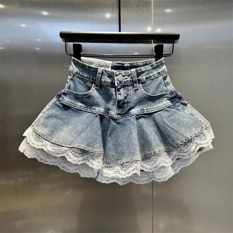 MEXZT Y2K Denim Mini Skirt Women Kawaii Lace Patchwork White Ball Gown Jeans Skirts Summer Gyaru Gothic Korean Black Faldas New