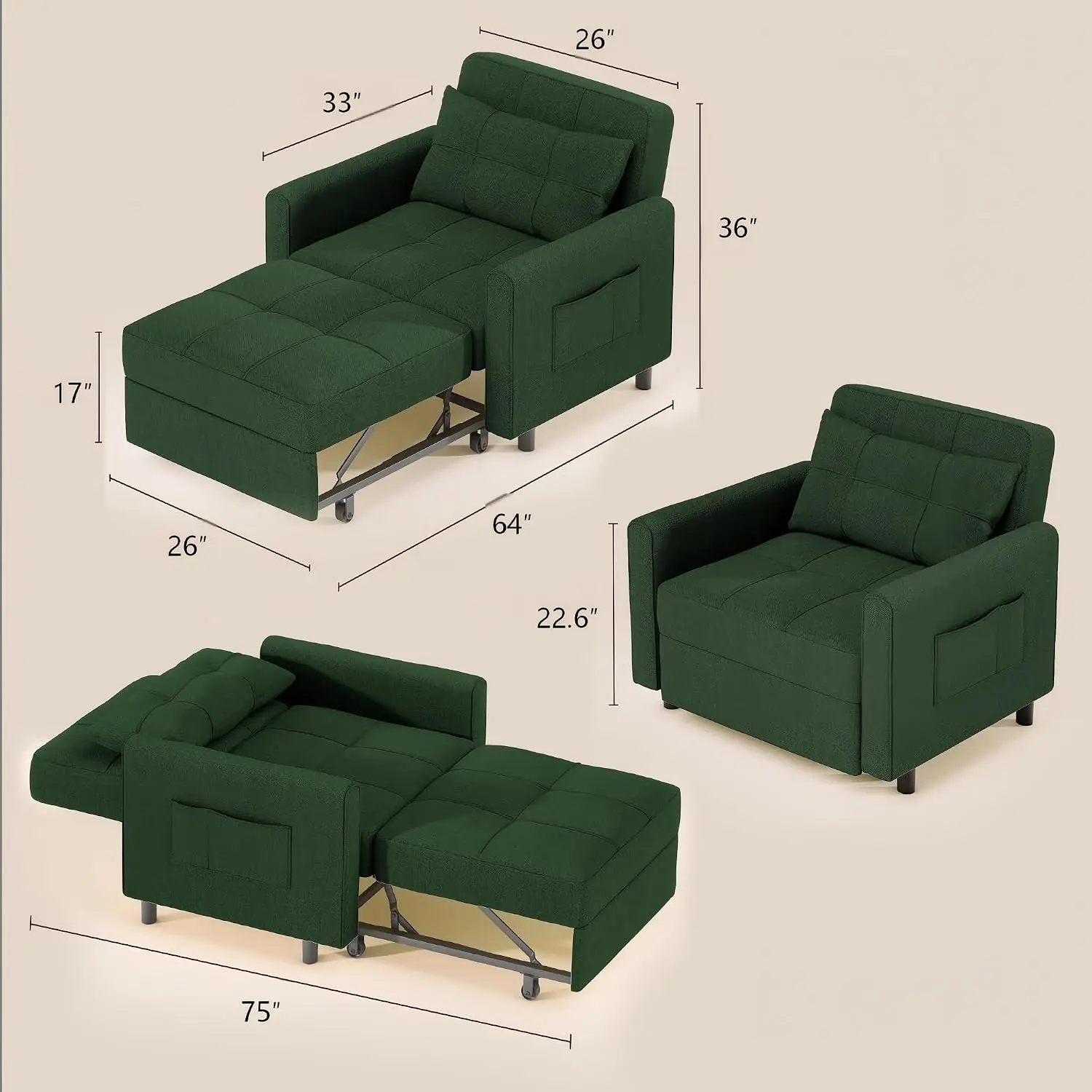 Convertible Sofa Bed Chair, Pullout Sleeper, Adjustable Back, Customized
