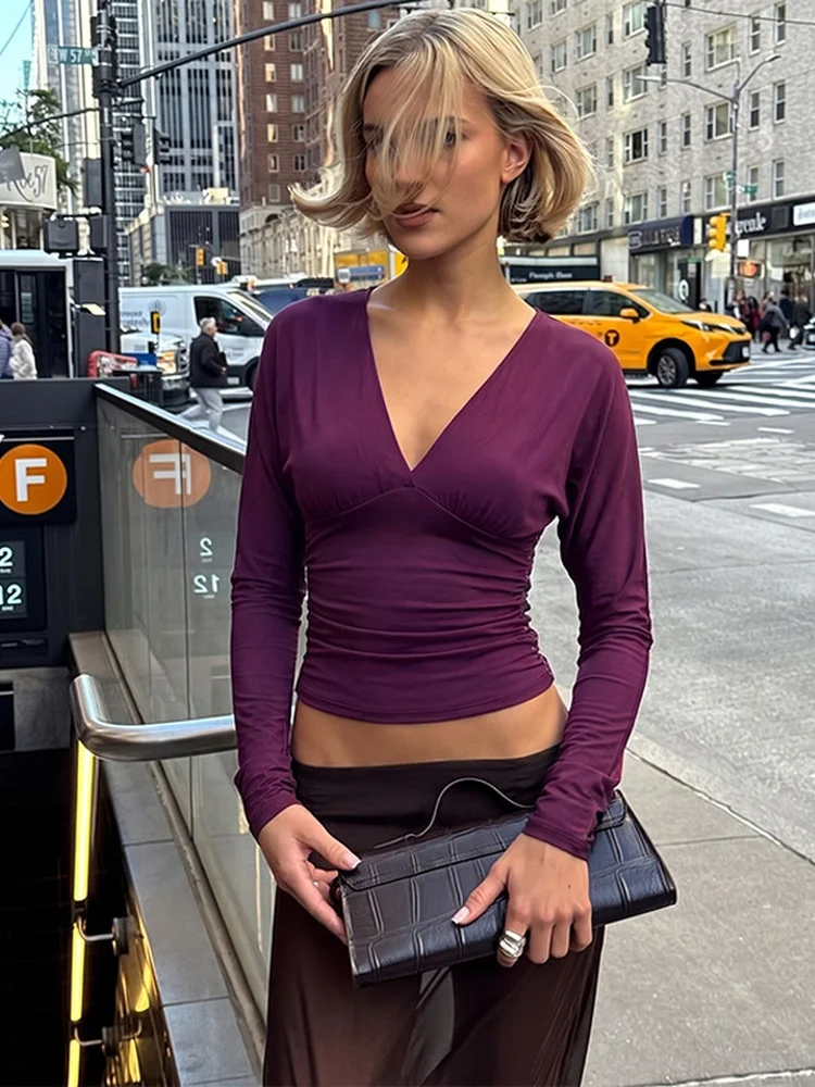 Tossy Women's V Neck Ruched Crop Top Blouse Long Sleeve Slim Fit T-Shirt Deep V Gathered Waist Front Spring Summer Daily Casual
