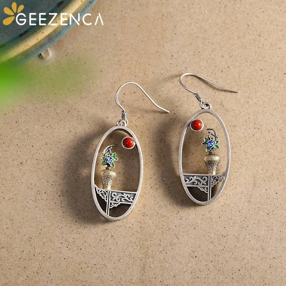 925 Sterling Silver Handmade Enameling Flower Vase Drop Earrings Unique Ethnic Vintage Earring Unusual Personality Fine Jewelry