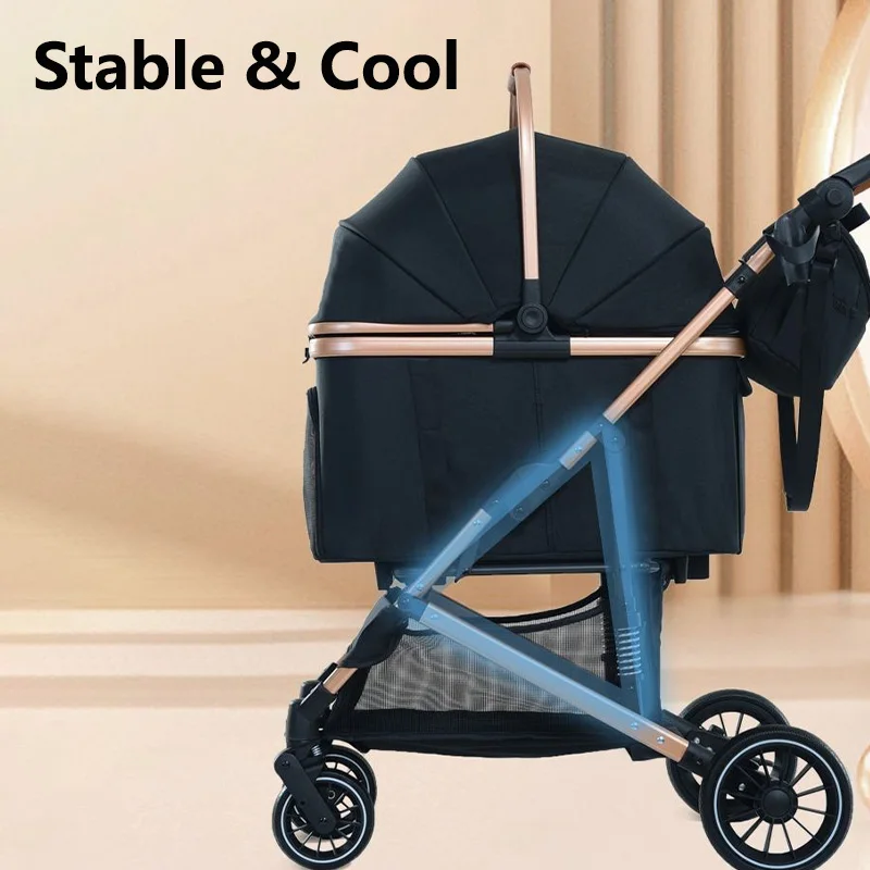 Haustier-Kinderwagen für kleine, mittelgroße Hunde und Katzen, tragbarer, faltbarer Outdoor-Haustierwagen mit 6 Stoßdämpfungen, 4 Rädern und verstellbarem Griff