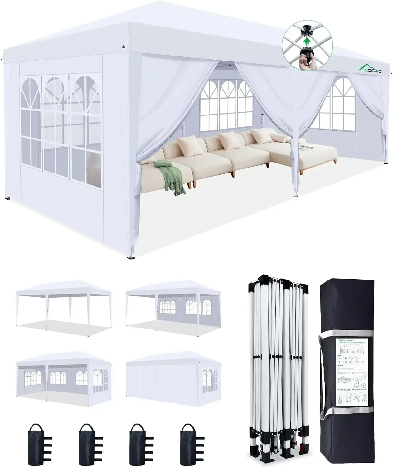 10x20 Pop Up Canopy,2 Central Lock Easy Set-up Outdoor Party Tent, Commercial Tent, 6 Removable Sidewalls, Stakes x12, Ropes x6,